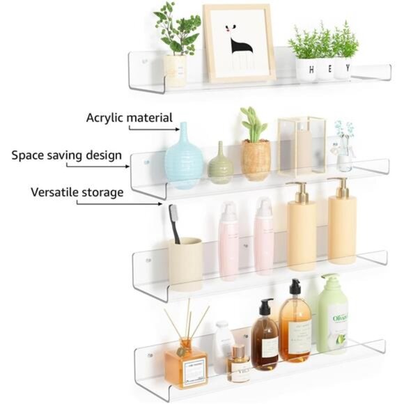 4 Pack Acrylic Shelves for Wall Storage, 15" Floating Bookshelves for Kids - Picture 5 of 7